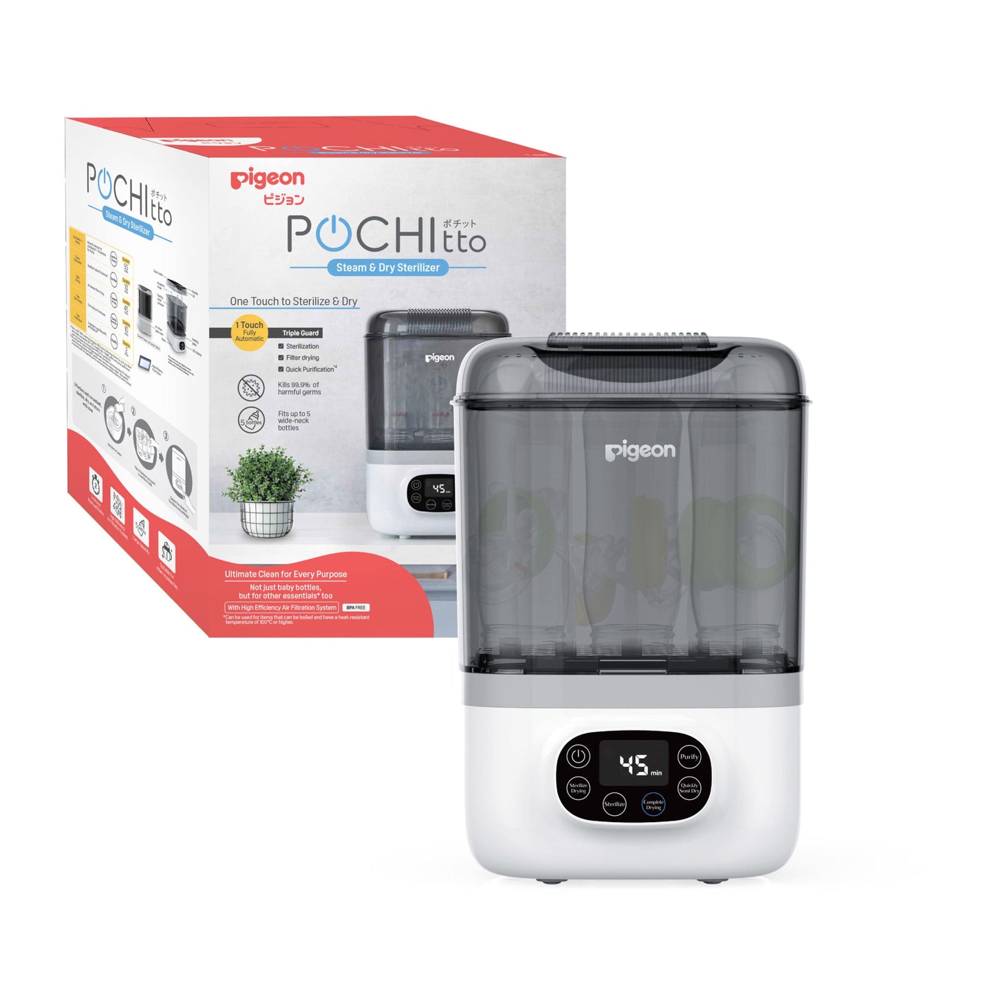 POCHItto Steam & Dry Sterilizer Front Facing with Packaging Front