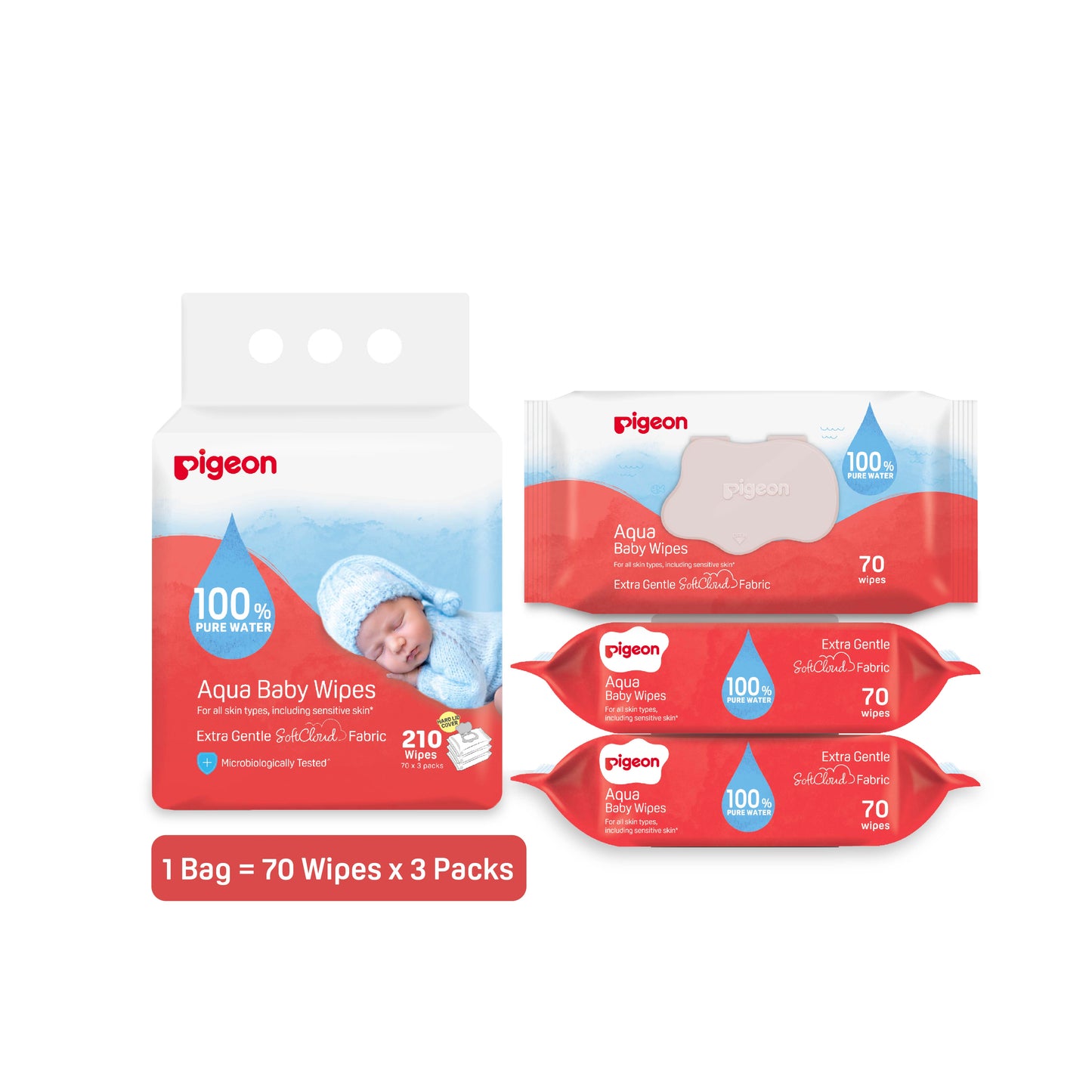 Pigeon Aqua Baby Wipes Hard Cover Lip (70 Wipes x 3)