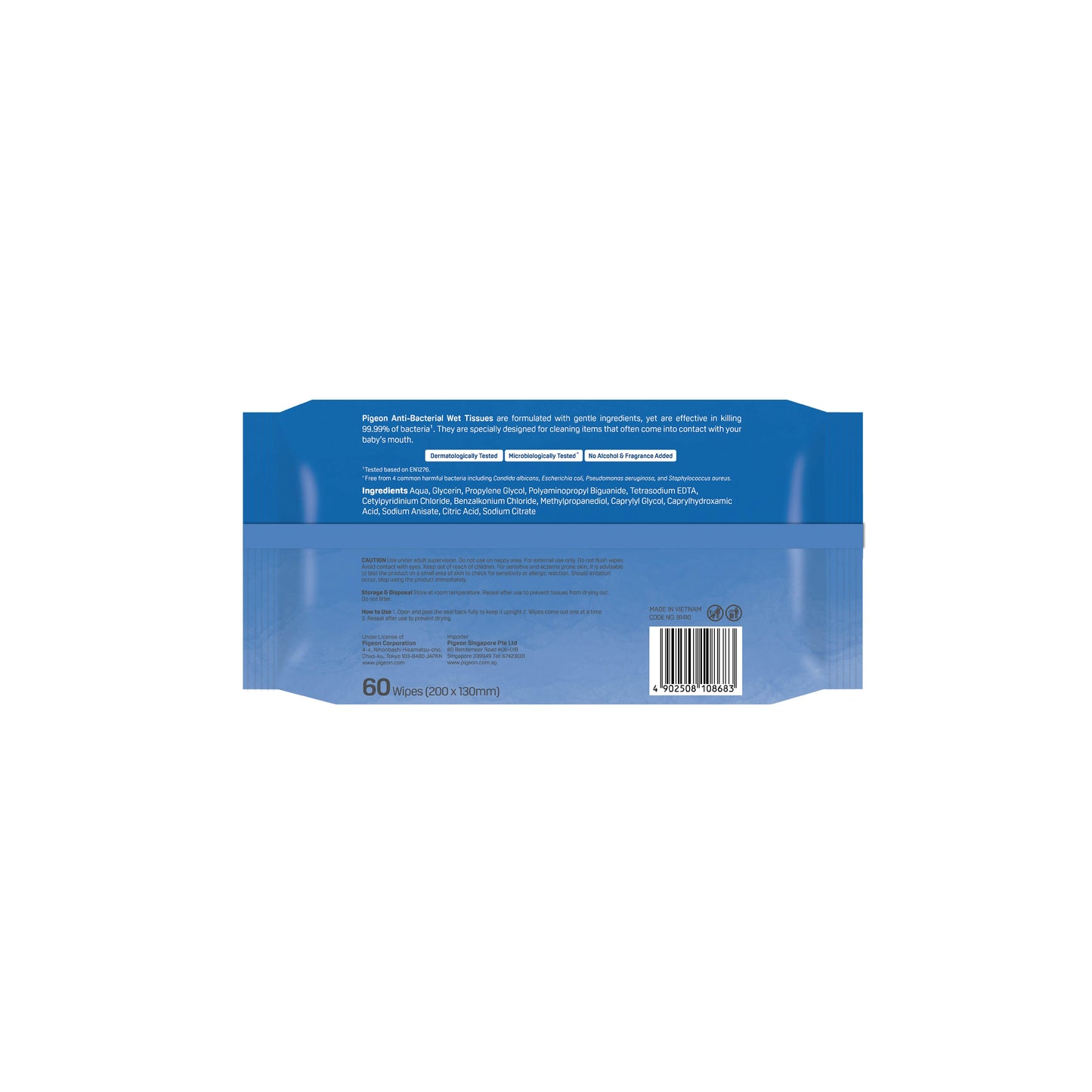 Pigeon Anti-Bacterial Wet Tissues Single Pack (60 Wipes)