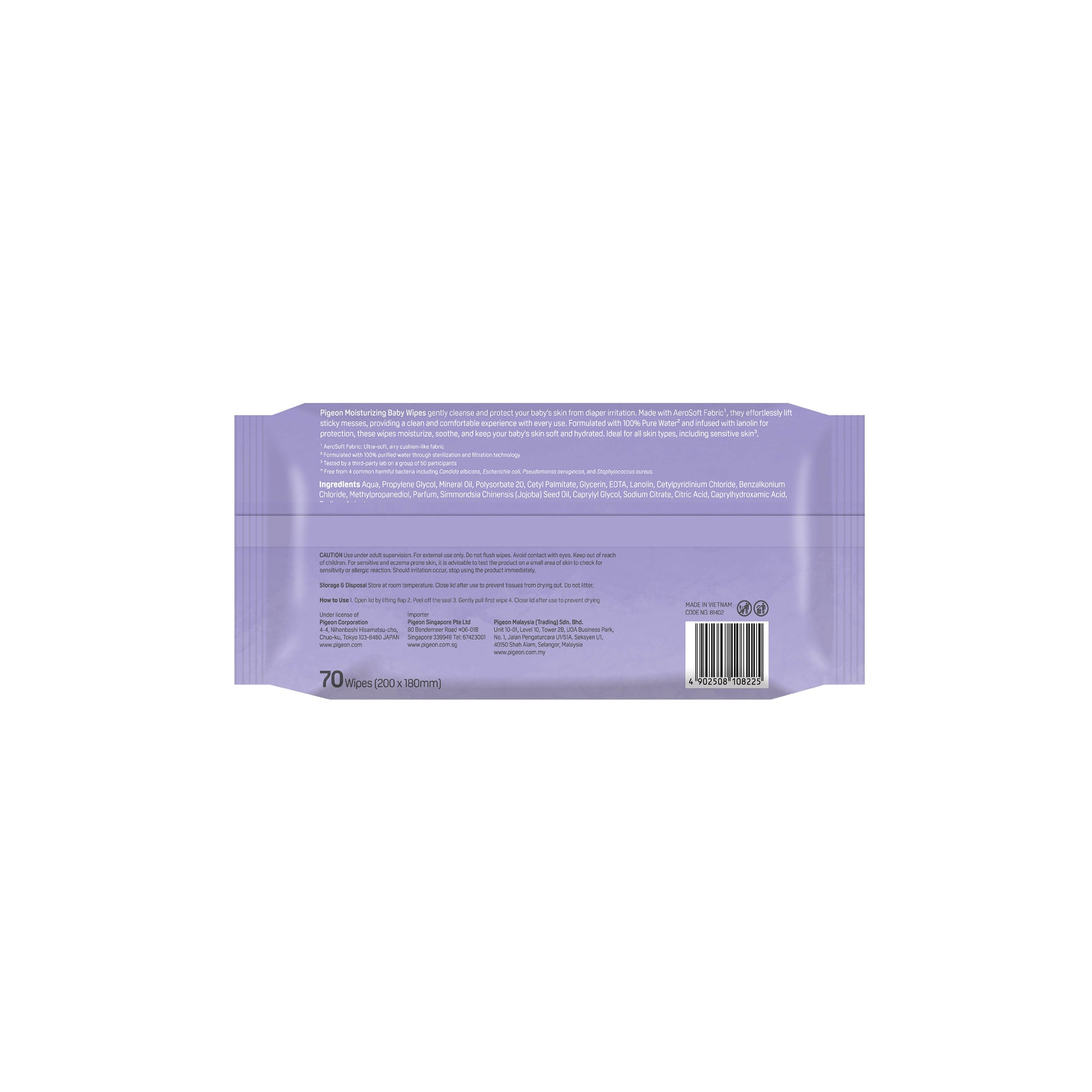 Alcohol-free and paraben-free Pigeon wipes for sensitive skin, dermatologically tested with a Lanolin moisture barrier.