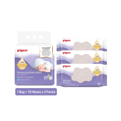 Bulk 3-pack Pigeon Moisturizing Baby Wipes for newborns, stock up and save on Lanolin-infused wipes.