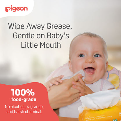 Wipe away Grease, Gentle on Little Mouth; highlights 100% food contact safe ingredients.