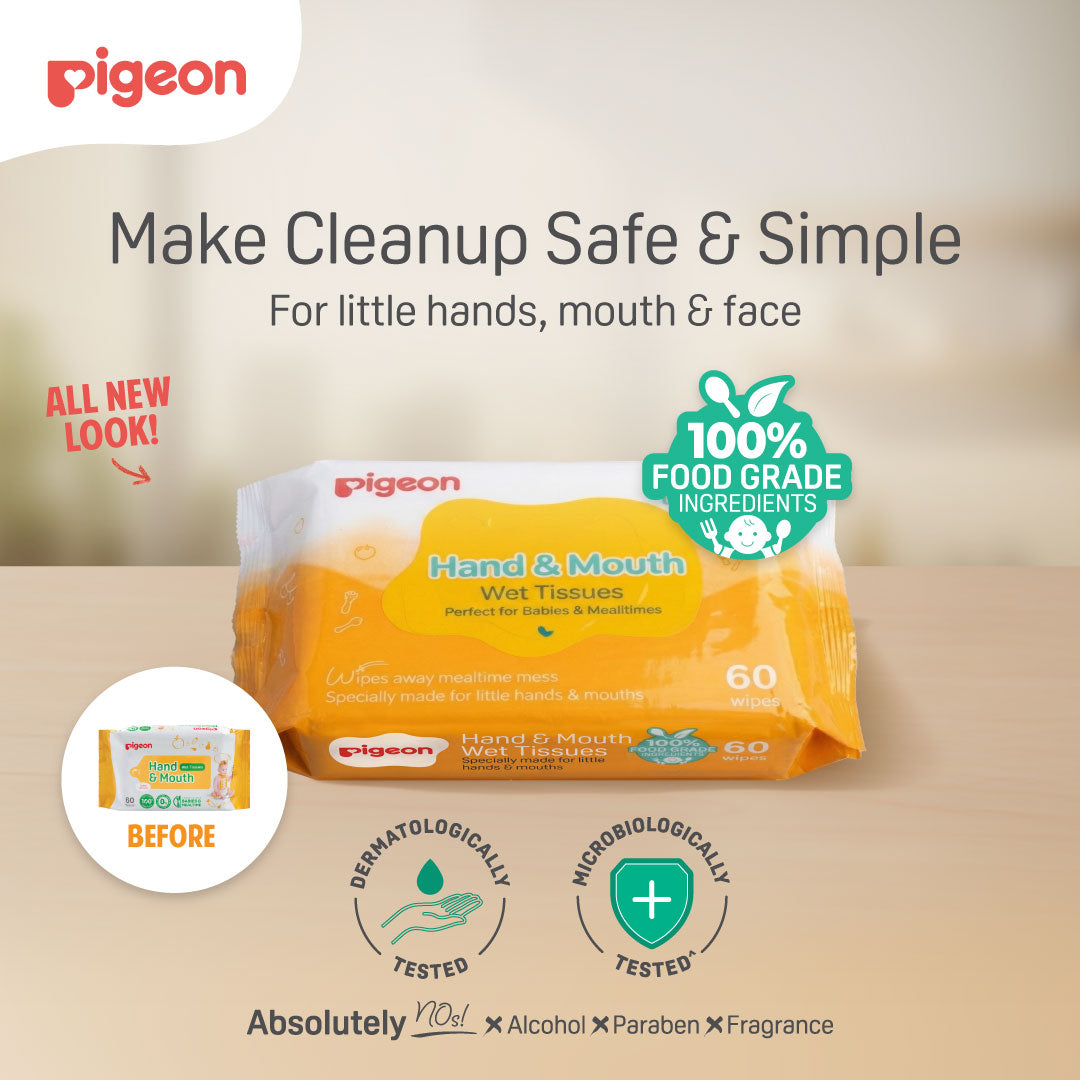 Pigeon Hand and Mouth Wet Tissues 2-pack bundle, formulated with 100% food-grade ingredients for babies.