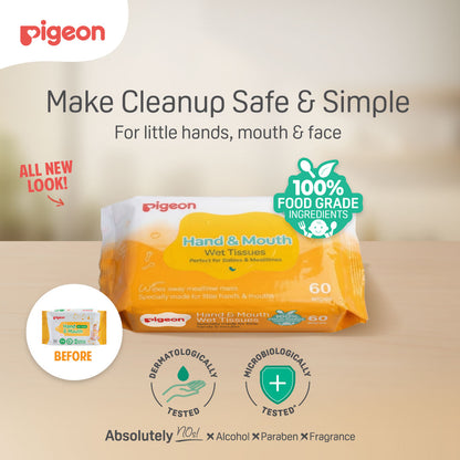 Pigeon Hand and Mouth Wet Tissues 2-pack bundle, formulated with 100% food-grade ingredients for babies.