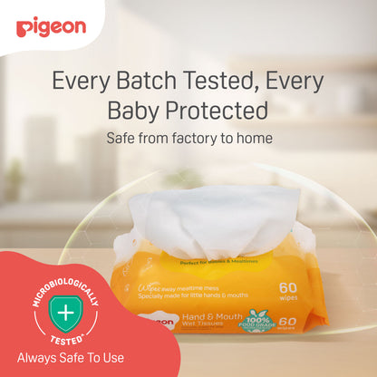 Safety seal showing Pigeon Hand and Mouth wipes are microbiologically tested for hygiene