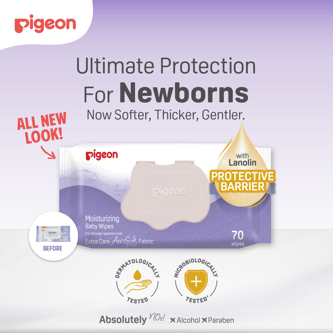 Pigeon baby wipes enriched with Lanolin oil to create a protective moisture barrier for newborns.