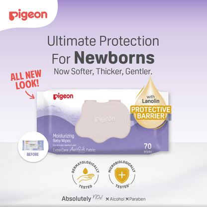 Pigeon baby wipes enriched with Lanolin oil to create a protective moisture barrier for newborns.