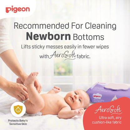 Pigeon Moisturizing Wipes Extra soft and thick, airy cushion-like texture designed to "grip" and lift sticky messes easily in fewer wipes.