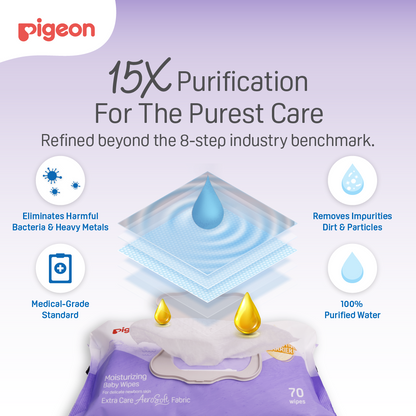 Pigeon baby wipes with 15X water purification to remove impurities and protect newborns from skin irritation.